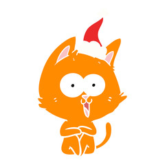 funny flat color illustration of a cat wearing santa hat