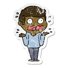 distressed sticker of a cartoon man totally stressed out