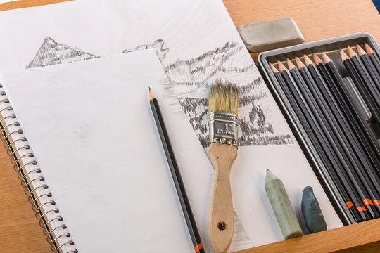 Drawing and Sketching equipment on wooden easel
