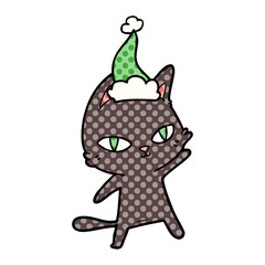 comic book style illustration of a cat staring wearing santa hat