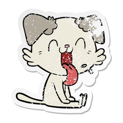 distressed sticker of a cartoon panting dog