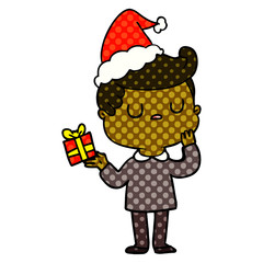 comic book style illustration of a man wondering wearing santa hat
