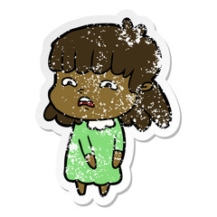 distressed sticker of a cartoon worried woman