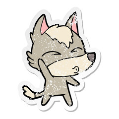 distressed sticker of a cartoon waving wolf whistling