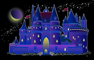 Illustration of fantasy fairyland medieval castle at night. Cover for baby fairy tale book. Modern print. Vector cartoon image.