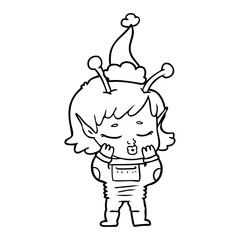 line drawing of a alien girl wearing santa hat