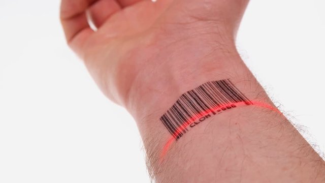 the scanner scans the wrist of a person with a barcode labeled clone 666
