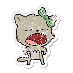distressed sticker of a cartoon cat meowing
