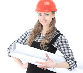 young woman engineer architect with the drawings.