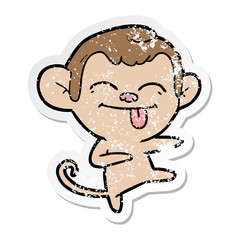 distressed sticker of a funny cartoon monkey pointing