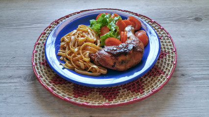 Food dish - Macaroni, salad and roasted chicken