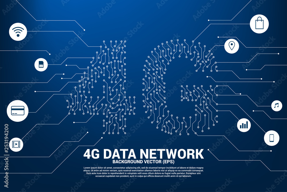 Poster Vector 4G dot connect line circuit board style mobile data icon. Concept for data transfer of mobile and wi-fi data network.