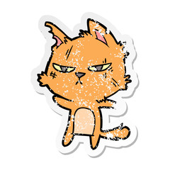 distressed sticker of a tough cartoon cat