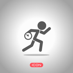 Running man with clock. Simple icon. To be late. An unpleasant situation. Icon under spotlight. Gray background