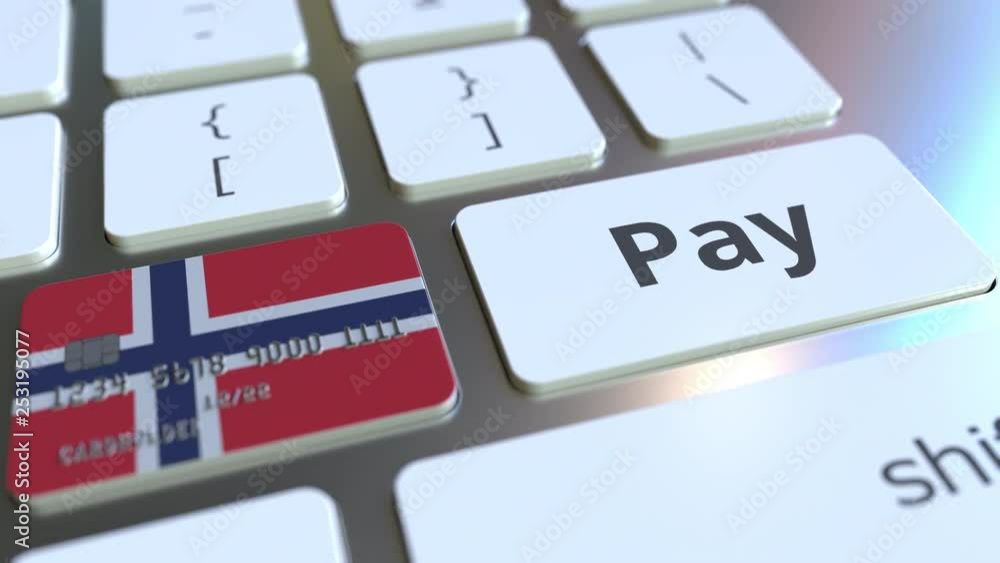 Poster bank card featuring flag of norway as a key on a computer keyboard. norwegian online payment concept