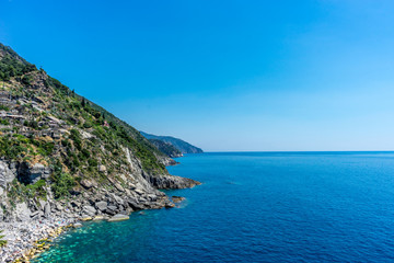 Fototapeta na wymiar Italy, Cinque Terre, Vernazza, Vernazza, SCENIC VIEW OF SEA AGAINST CLEAR BLUE SKY