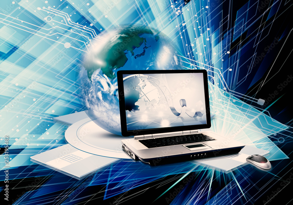 Poster artistic abstract multicolored 3d computer generated illustration of a laptop and a globe as a moder