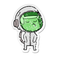 distressed sticker of a cartoon confident astronaut