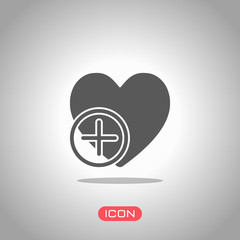 heart and plus. simple silhouette. Icon under spotlight. Gray background