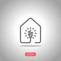 house with led eco lamp icon. line style. Icon under spotlight. Gray background