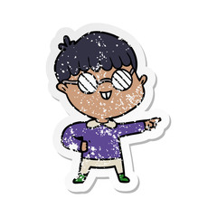 distressed sticker of a cartoon boy wearing spectacles