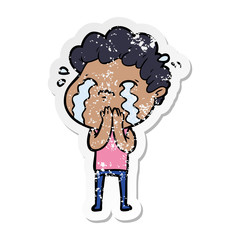 distressed sticker of a cartoon man crying