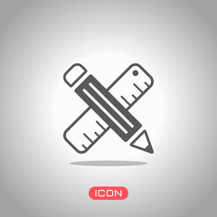 simple symbol of ruler and pencil, criss-cross. Icon under spotlight. Gray background