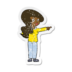 retro distressed sticker of a cartoon pretty woman pointing