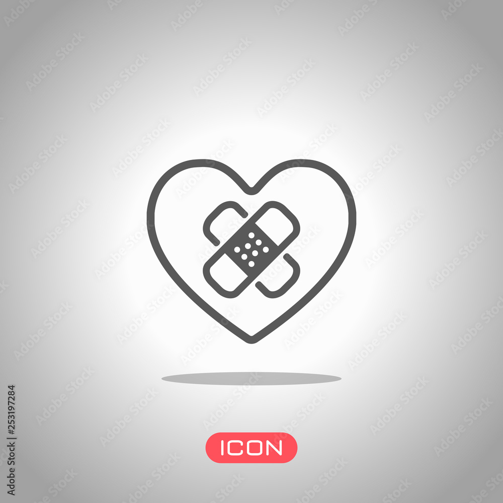 Poster broken heart with patch. linear symbol with thin outline. simple single icon. icon under spotlight. 