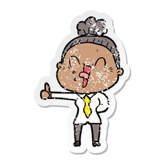 distressed sticker of a cartoon happy old woman