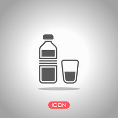 bottle of water and glass cup. simple icon. Icon under spotlight. Gray background