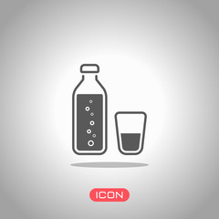 bottle of water with bubbles and glass cup. simple icon. Icon under spotlight. Gray background