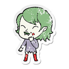 distressed sticker of a cartoon vampire girl with blood on cheek