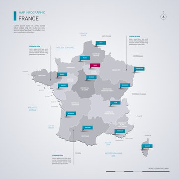 France vector map with infographic elements, pointer marks.