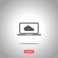 Cloud technology, software. Laptop and cloud. Icon under spotlight. Gray background