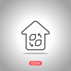 Eco house. Concept logo. Simple linear icon with thin outline. Icon under spotlight. Gray background
