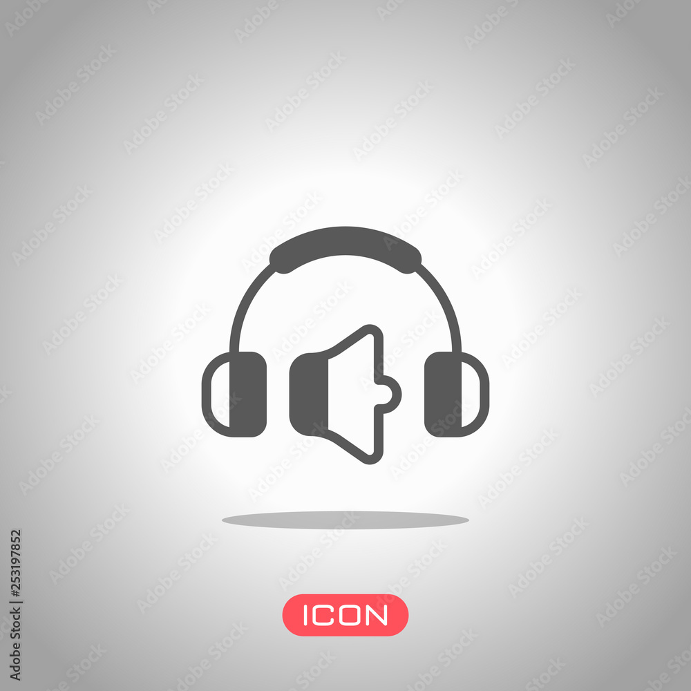 Poster headphones and volume level. min volume level. simple icon. icon under spotlight. gray background