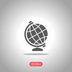Simple globe symbol. Icon under spotlight. Gray background