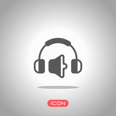 Headphones and volume level. Medium volume level. Simple icon. Icon under spotlight. Gray background