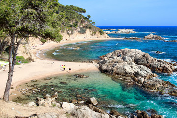 Main view of "Cala Estreta" beach, one of the most hidden and beautiful spots of "la Costa Brava", an amazing mediterranean coast in the northern-eastern  seaside of Catalonia, Spain.