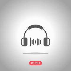 Headphones and music wave. Medium volume level. Simple icon. Icon under spotlight. Gray background