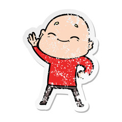 distressed sticker of a happy cartoon bald man