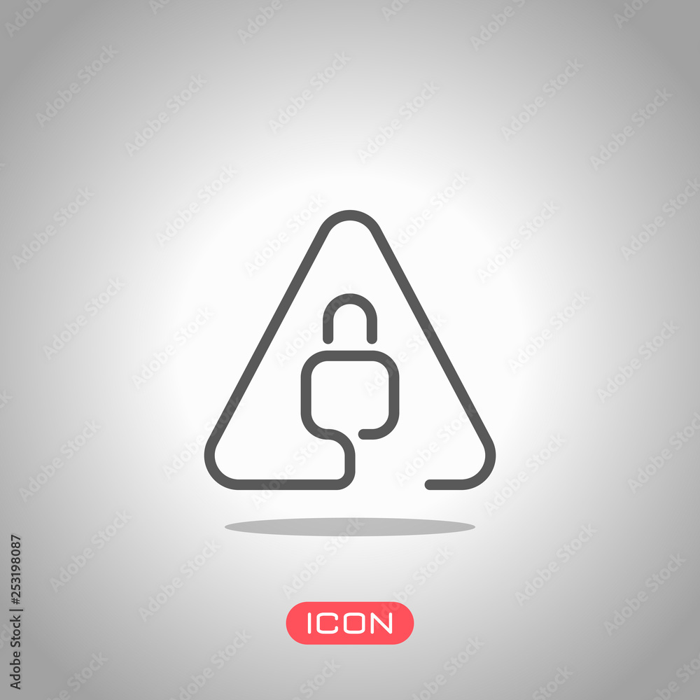 Poster lock in warning triangle. linear icon with thin outline. one line style. icon under spotlight. gray 