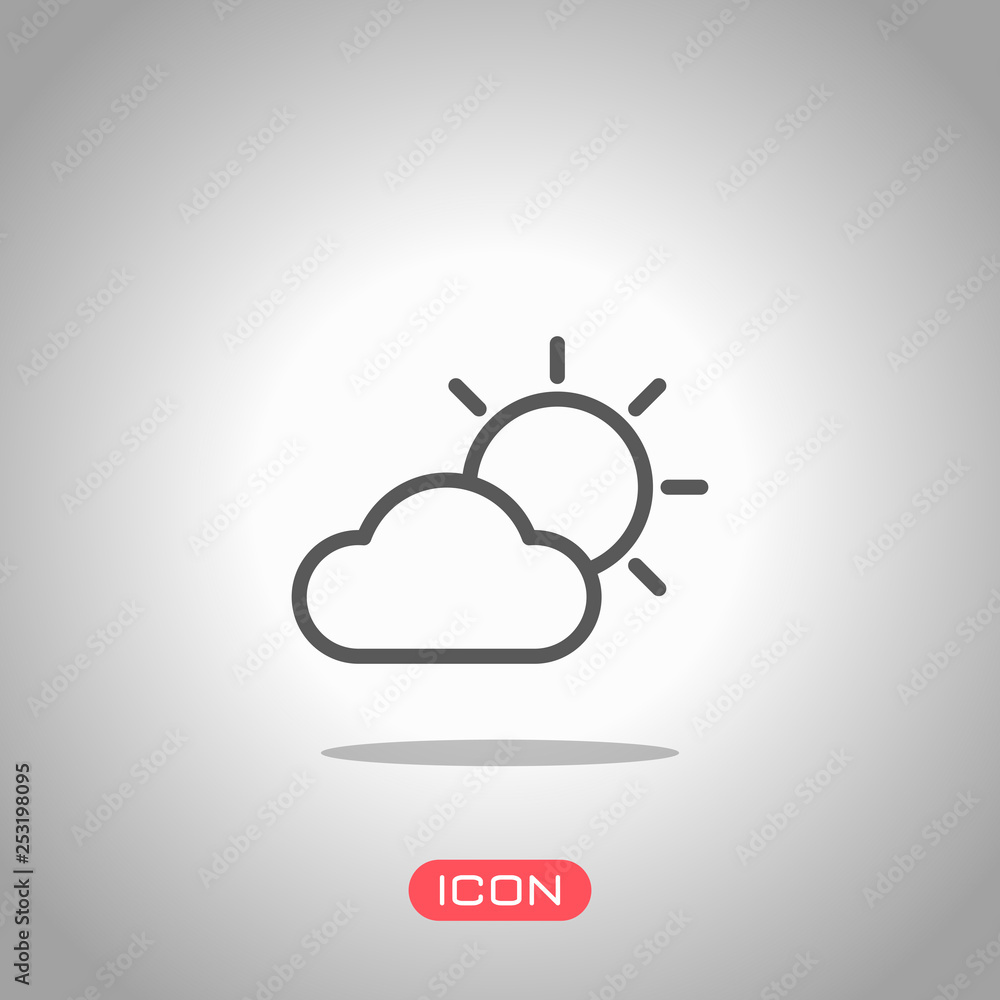 Poster sun and cloud. weather symbol. linear icon with thin outline. icon under spotlight. gray background