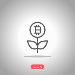 Money flower with bitcoin. Money tree. Linear icon with thin outline. Icon under spotlight. Gray background