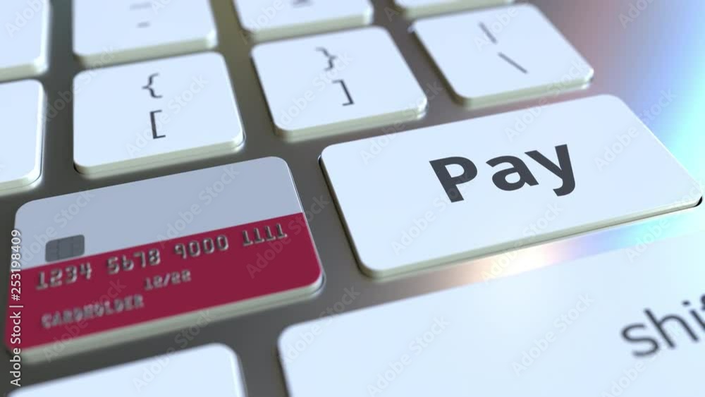 Poster bank card featuring flag of poland as a key on a computer keyboard. polish online payment conceptual