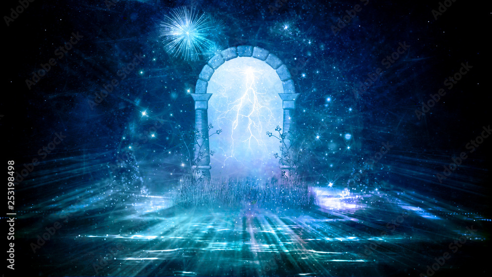 Poster colorful 3d rendering electrifying artistic gate that leads to another dimension