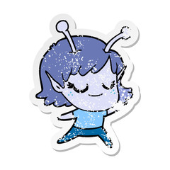 distressed sticker of a smiling alien girl cartoon