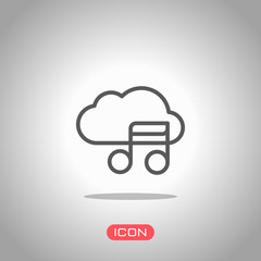 Simple icon with cloud and musical note. Linear symbol, thin outline. Icon under spotlight. Gray background