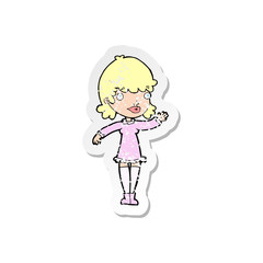 retro distressed sticker of a cartoon woman waving